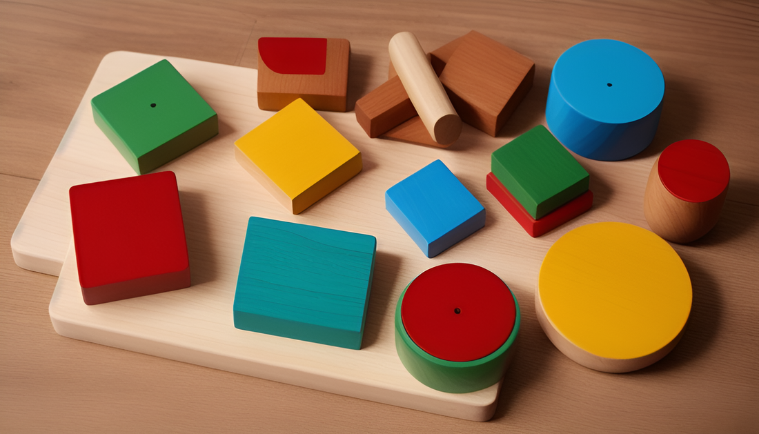 A variety of wooden Montessori blocks of all shapes and bright colors