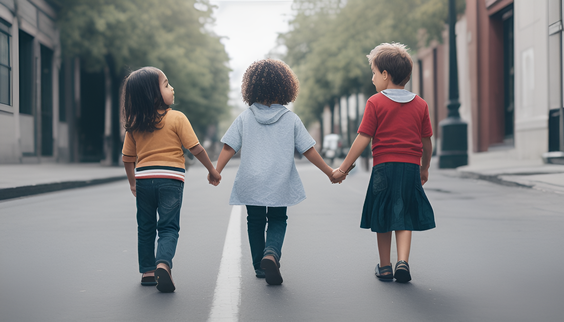 three children walking independently in the street.