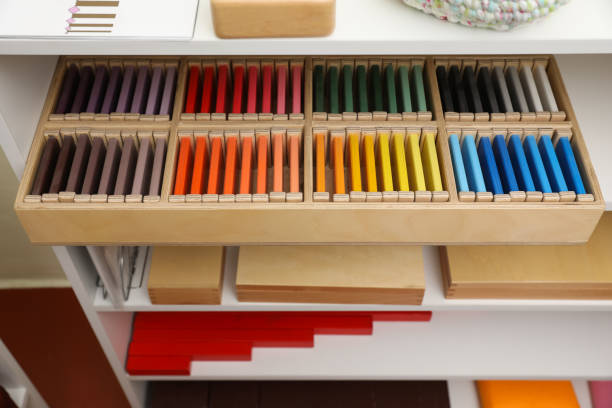 Montessori color materials arranged in a wooden tray