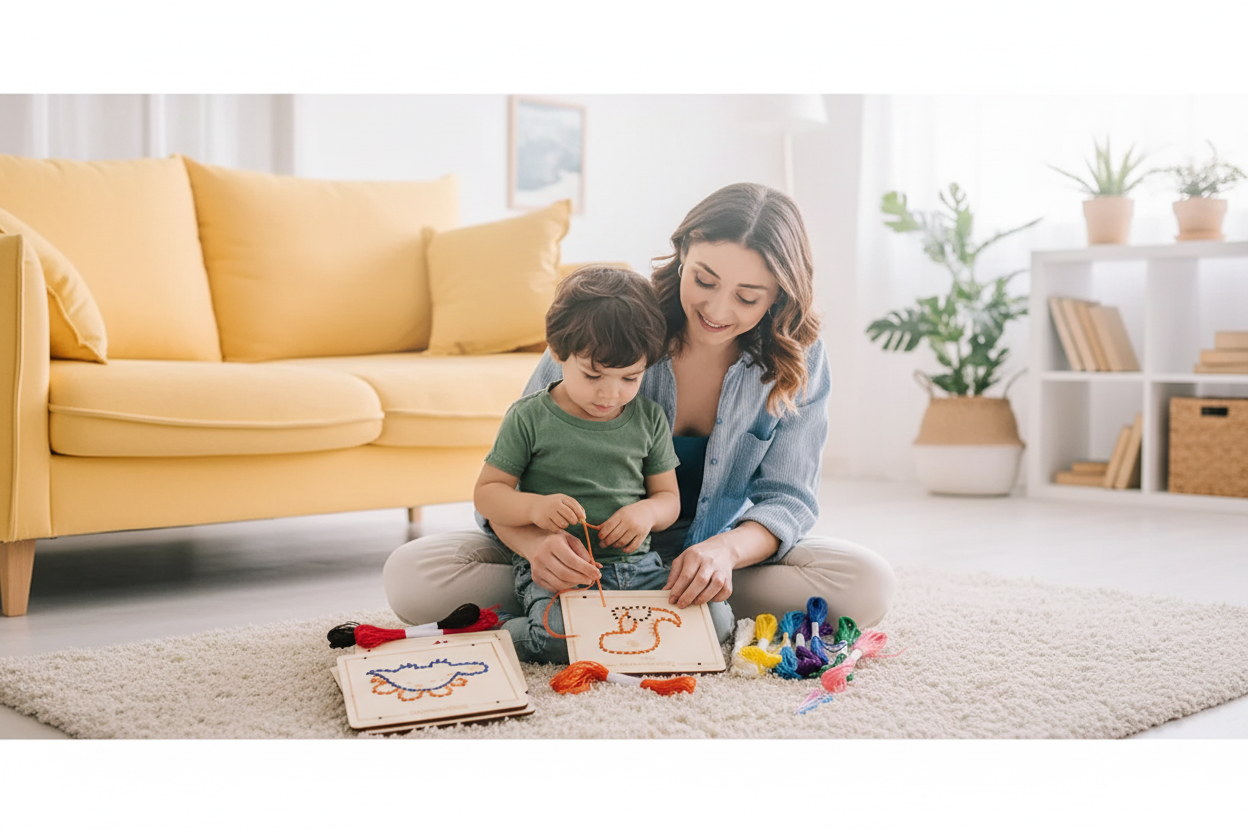 Child enjoying Montessori quiet time with wooden toys after school