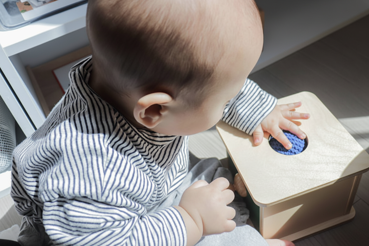 baby exploring a wooden object permanence box.
