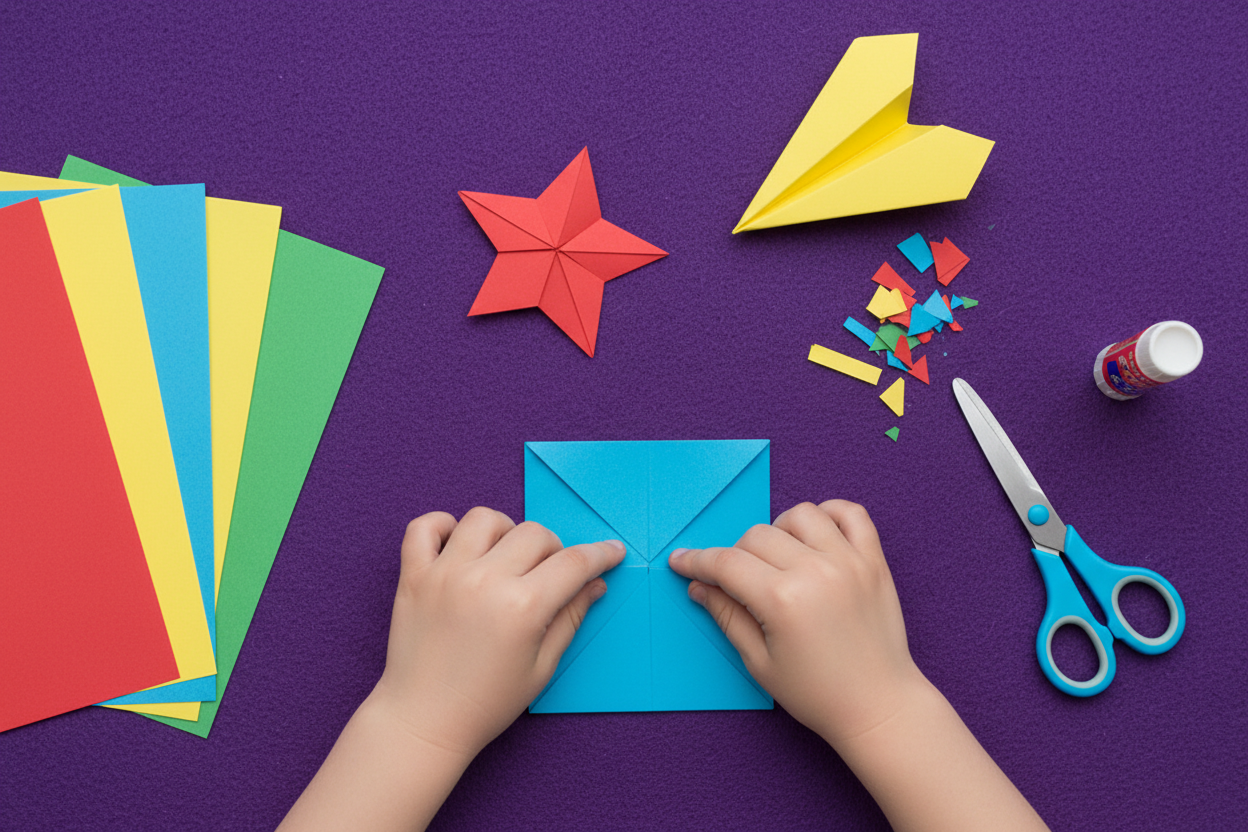 Child folding paper using fine motor skills.