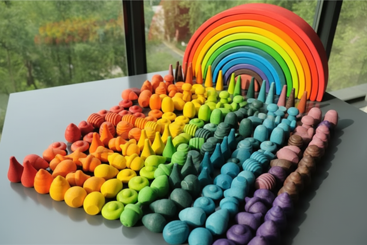 Colorful wooden Montessori loose parts including rainbow arches, acorns, mushrooms, and pebbles