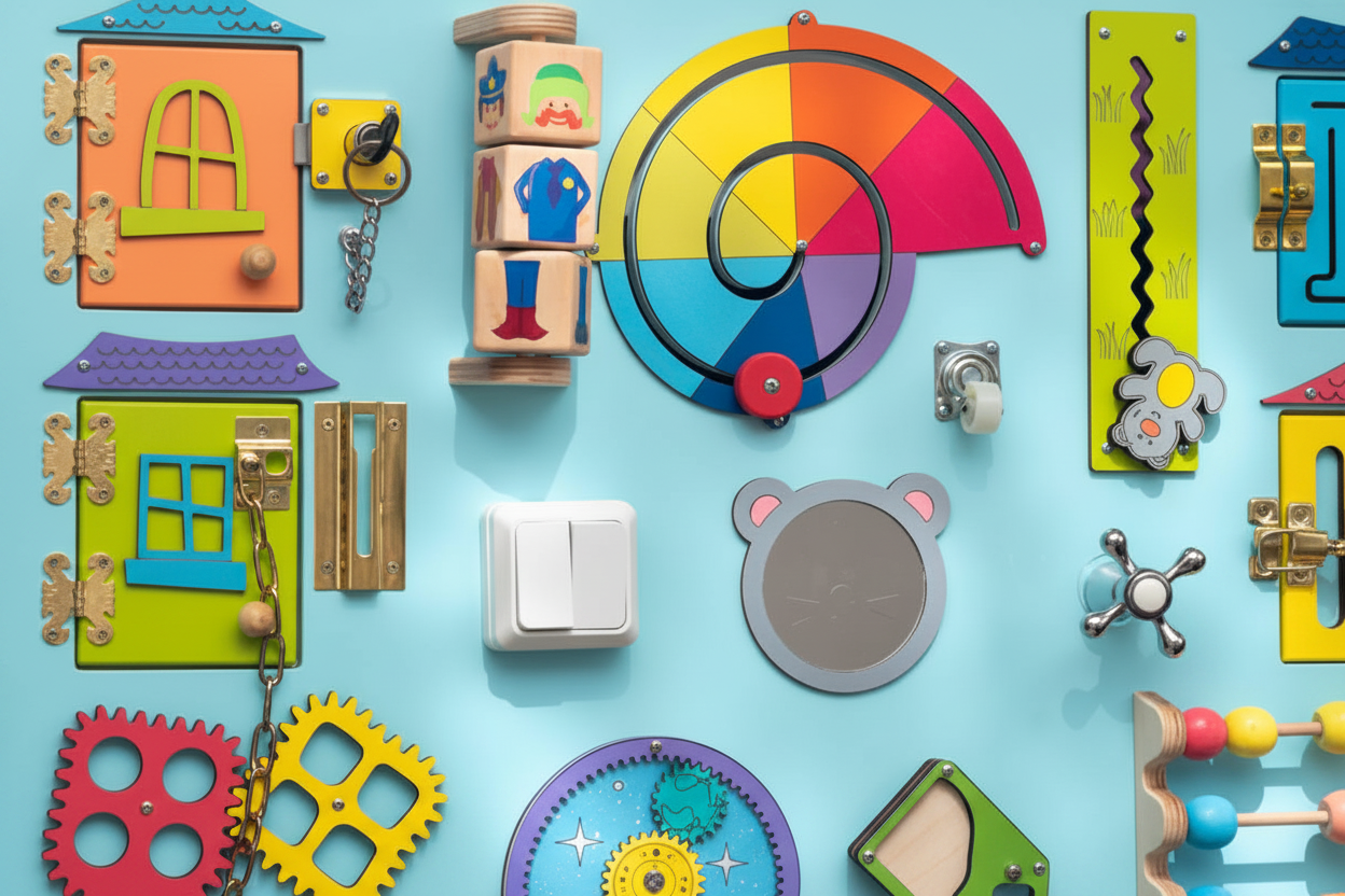 Colorful busy board flat lay