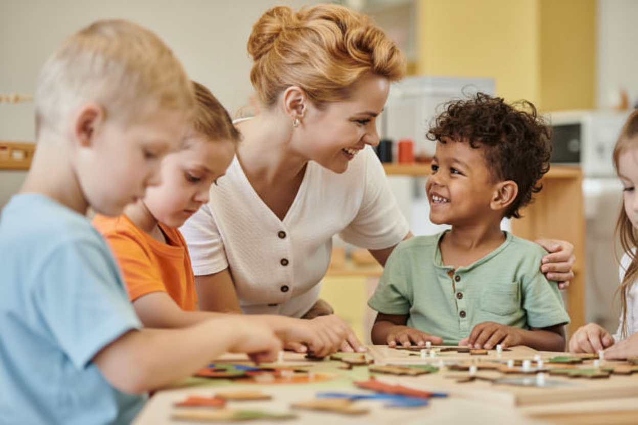 teacher and kids working on wooden puzzles together.