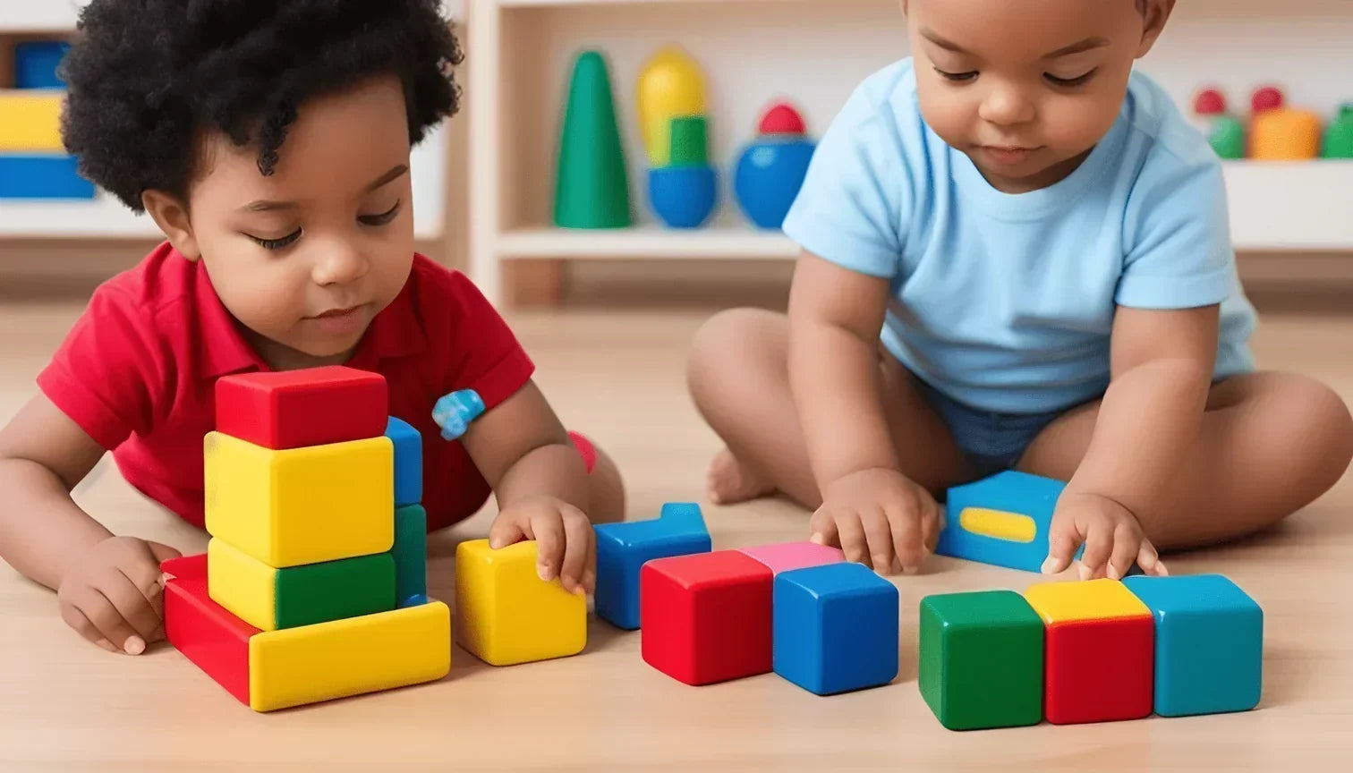 Two toddlers playing with colorful wooden stacking blocks on the floor in a Montessori playroom