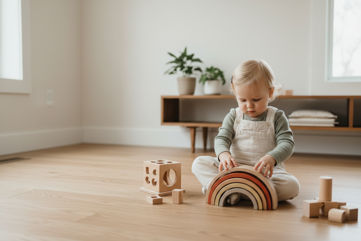 Child playing with wooden toys