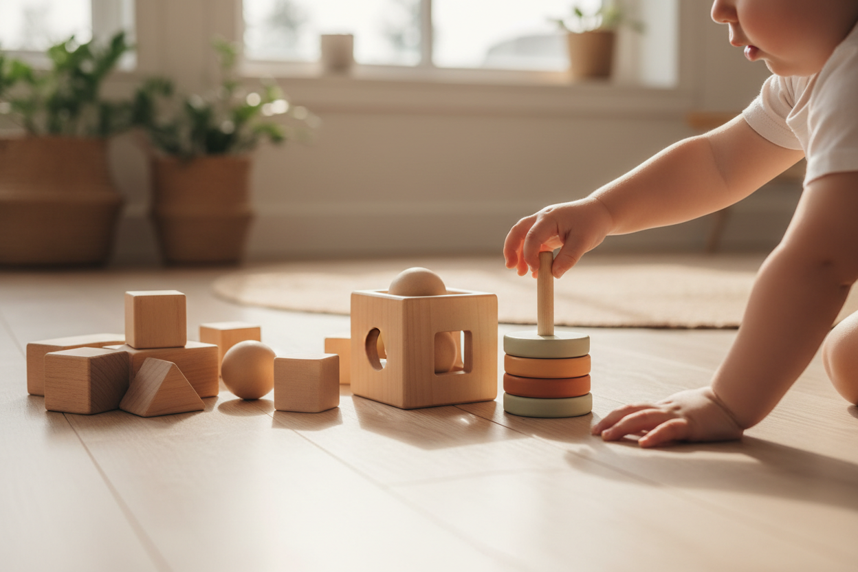Child playing with wooden Montessori toys