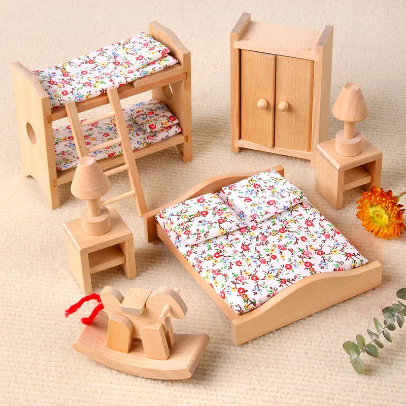 Wooden dollhouse furniture and miniature Montessori dolls for imaginative play and storytelling