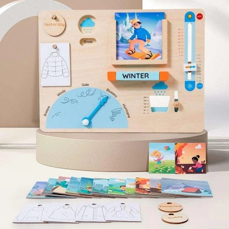 Wooden board featuring a blue clock and childlike cartoons, including a snowboarder and kite flyer, promoting educational and eco-friendly play from Oliver & Company Montessori Toys.