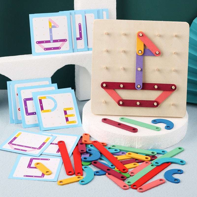 A collection of colorful Montessori toys, including red objects, designed for educational and early learning purposes.