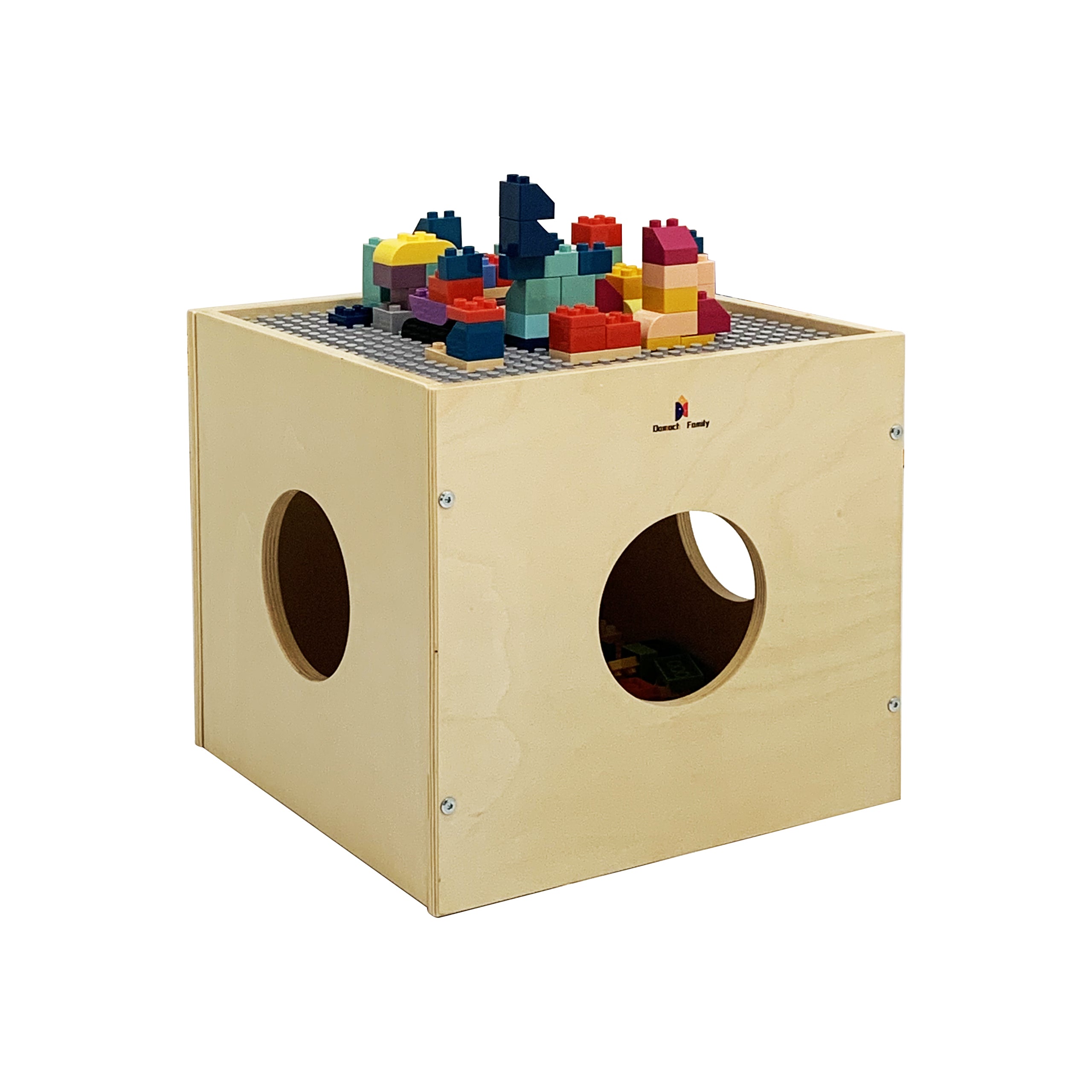 Children's play box with colorful building blocks on a white background