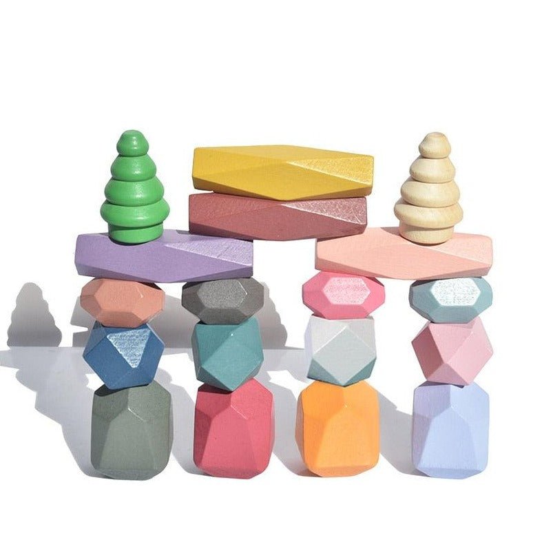18pcs Montessori Wooden Balancing Stones for children, featuring colorful wooden blocks designed to enhance logical thinking, cooperative skills, and creativity through stacking and balancing.