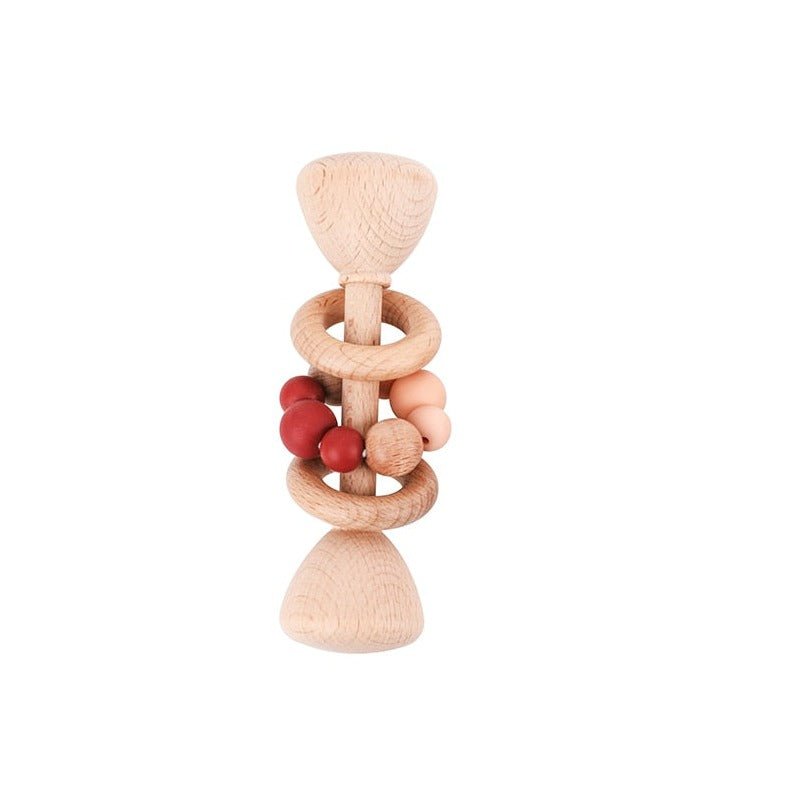 1pc Montessori Beech Wood Baby Rattle with beads and a wooden ring, designed for infants' tactile and auditory development, made from natural wood for safe play.