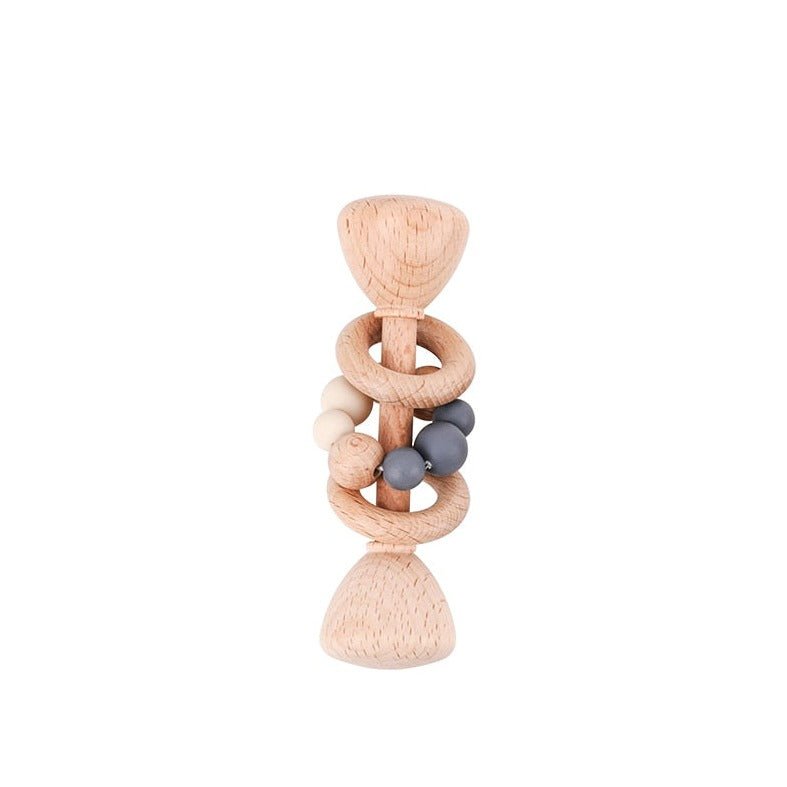 Montessori Beech Wood Baby Rattle with beads and a ring, designed for tactile and auditory development, made from natural wood for safe baby play.