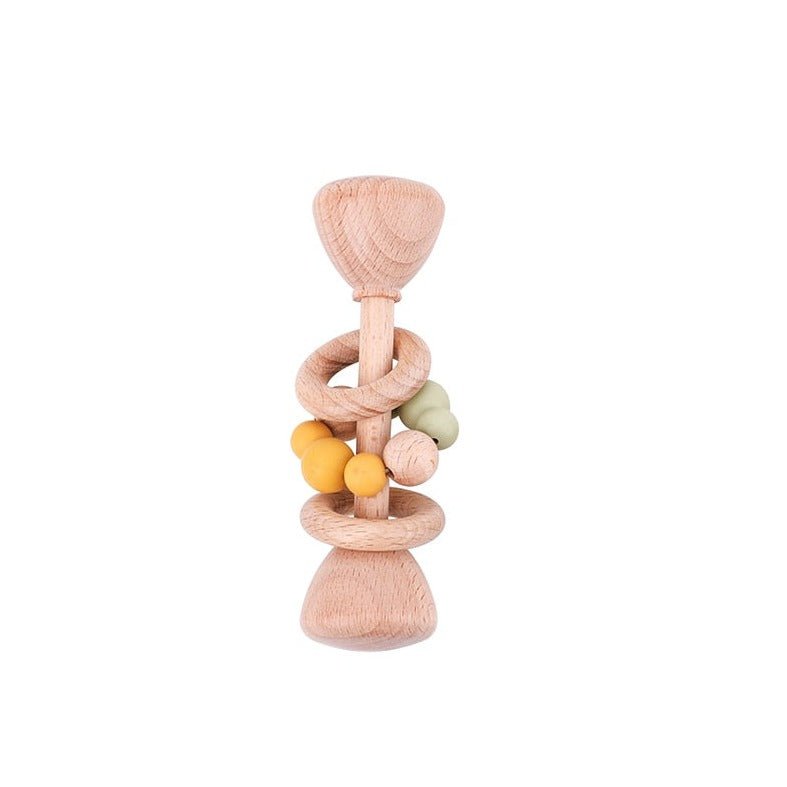 1pc Montessori Beech Wood Baby Rattle featuring a wooden ring with colorful beads, designed for safe teething and sensory development in infants.