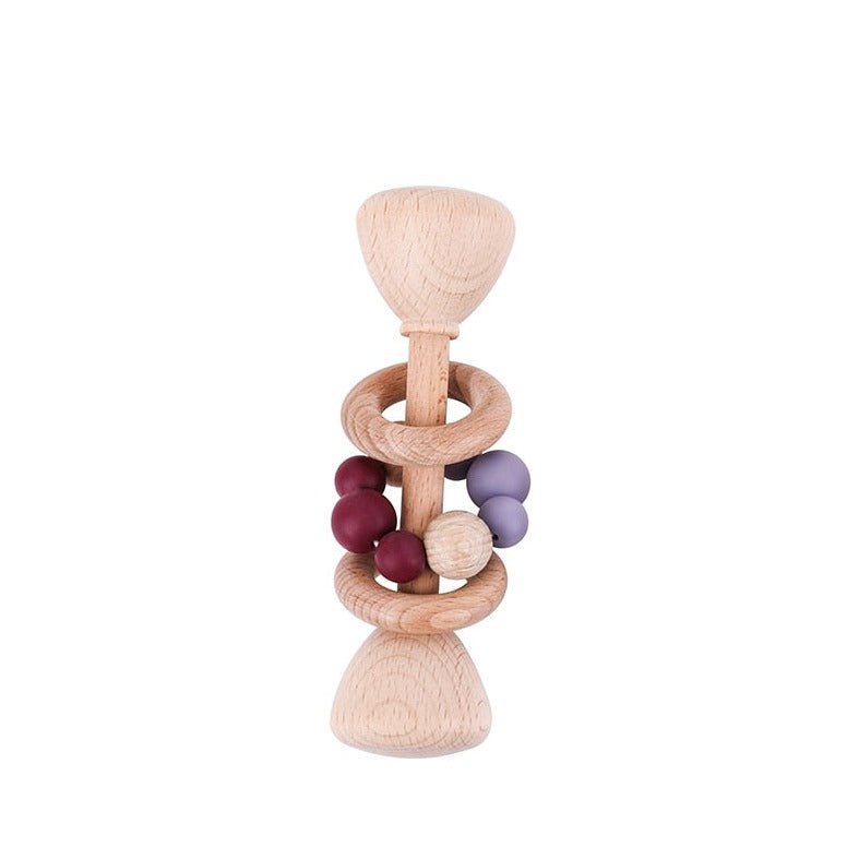 1pc Montessori Beech Wood Baby Rattle with beads, designed for safe teething and sensory development, featuring a smooth wooden ring and gentle rattling sound.