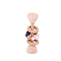 1pc Montessori Beech Wood Baby Rattles featuring a wooden structure with beads and a ring, designed to stimulate tactile and auditory skills for infants.