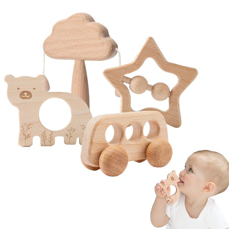 4pcs Set Wooden Baby Rattles and Teether Toys - Oliver & Company Montessori Toys