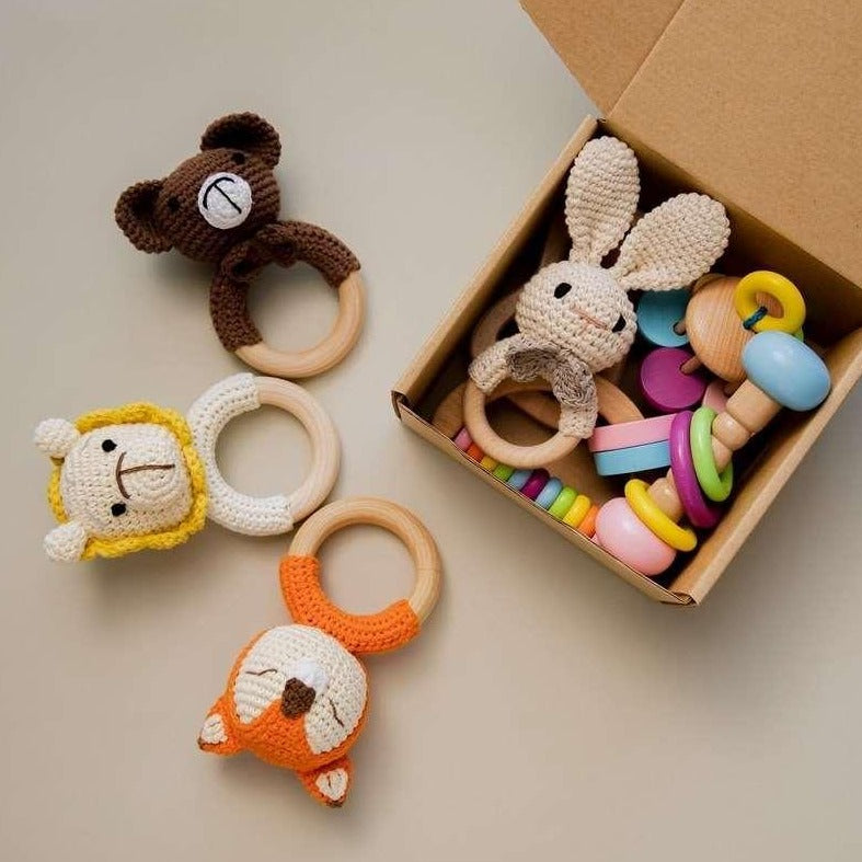 5 pcs Set Baby Montessori Crochet Animal Rattles Oliver & Company Toys