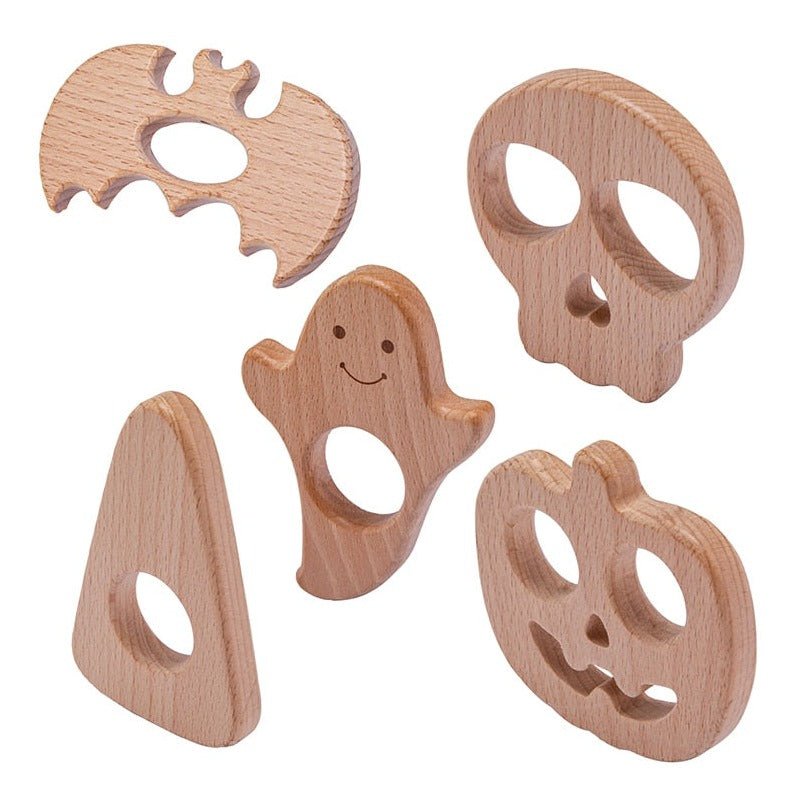 5Pcs Montessori Halloween Wooden Baby Teethers featuring a bat, ghost, pumpkin, skull, and a smiling face, made from natural beech wood for safe teething.