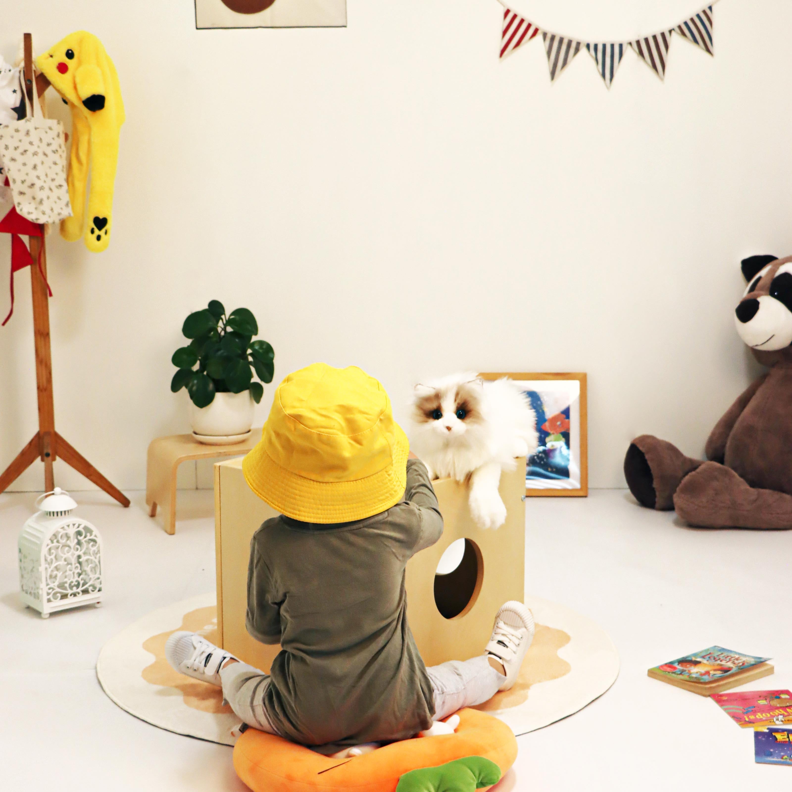 Child in a yellow hat playing with a cat on a cushion in a room with toys and decor.