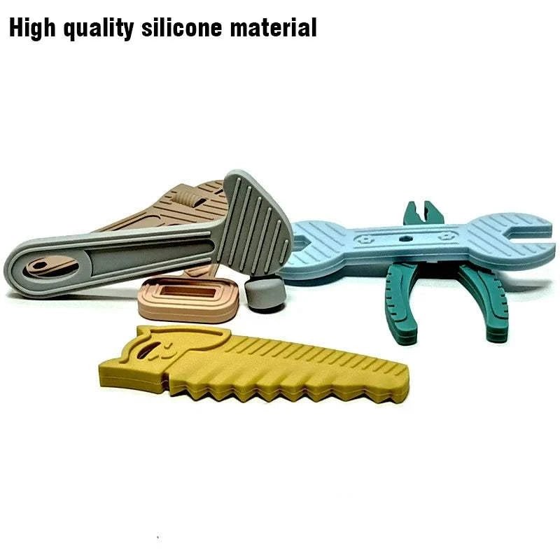 6pcs Silicone Tool Teether Set featuring tool-shaped teethers for babies, designed to soothe teething discomfort and encourage sensory exploration and motor skills development.