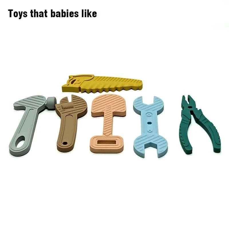 6pcs Silicone Tool Teether Set featuring toy-like plastic tools, including a hammer and pliers, designed for soothing teething relief and sensory stimulation.