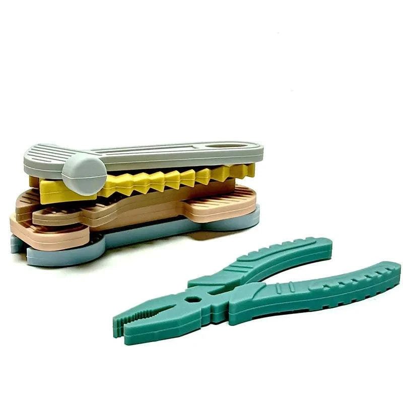 6pcs Silicone Tool Teether Set featuring toy pliers, designed for soothing teething relief and sensory exploration, ideal for infants' developmental play.