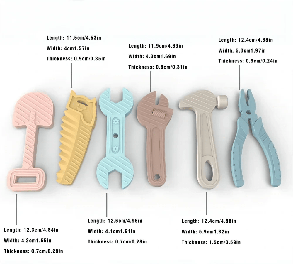 6pcs Silicone Tool Teether Set featuring tool-shaped teethers, including pliers and molds, designed for soothing teething relief and sensory development in babies.