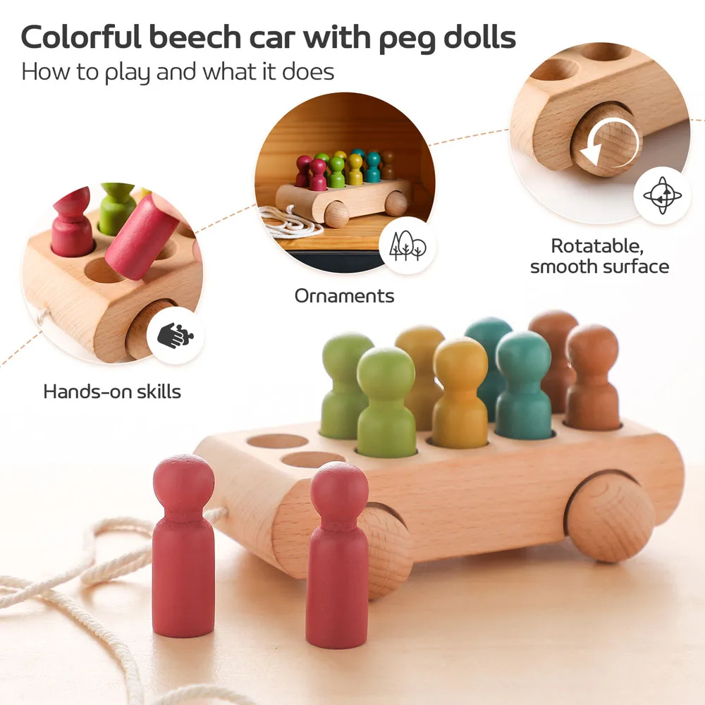 Colorful Wooden Peg Doll Car | Oliver Montessori Toys