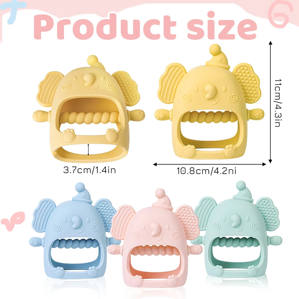 Four colorful silicone teething toys with measurements on a white background