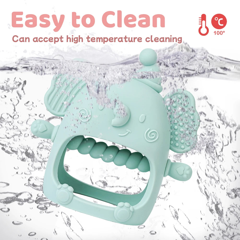 Teal silicone teething toy with water droplets and text about cleaning.