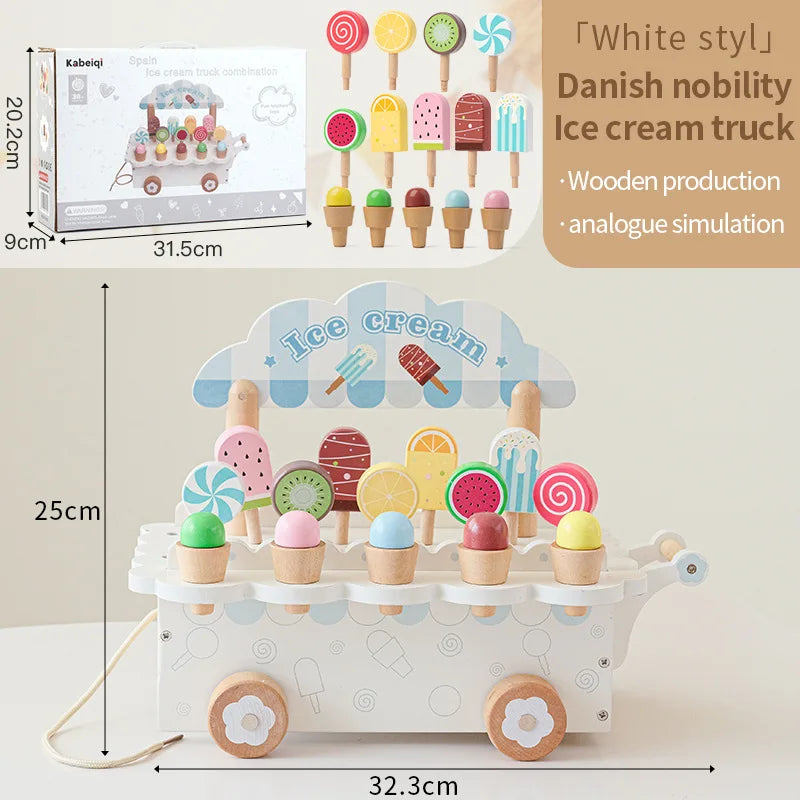 Wooden ice cream truck toy with colorful ice cream cones and lollipops, featuring dimensions and a Danish nobility brand label.