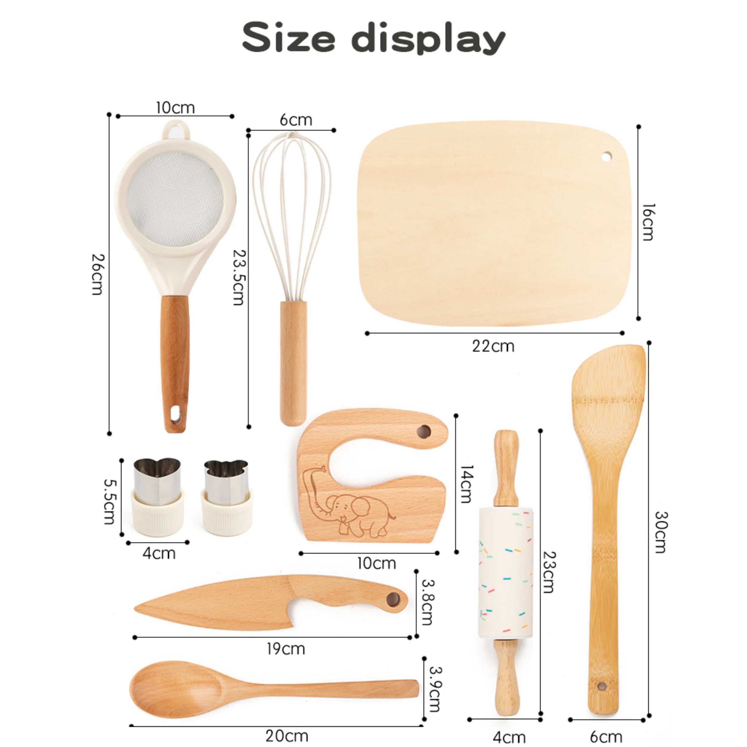 Measurement chart of various wooden kitchen utensils with dimensions labeled.