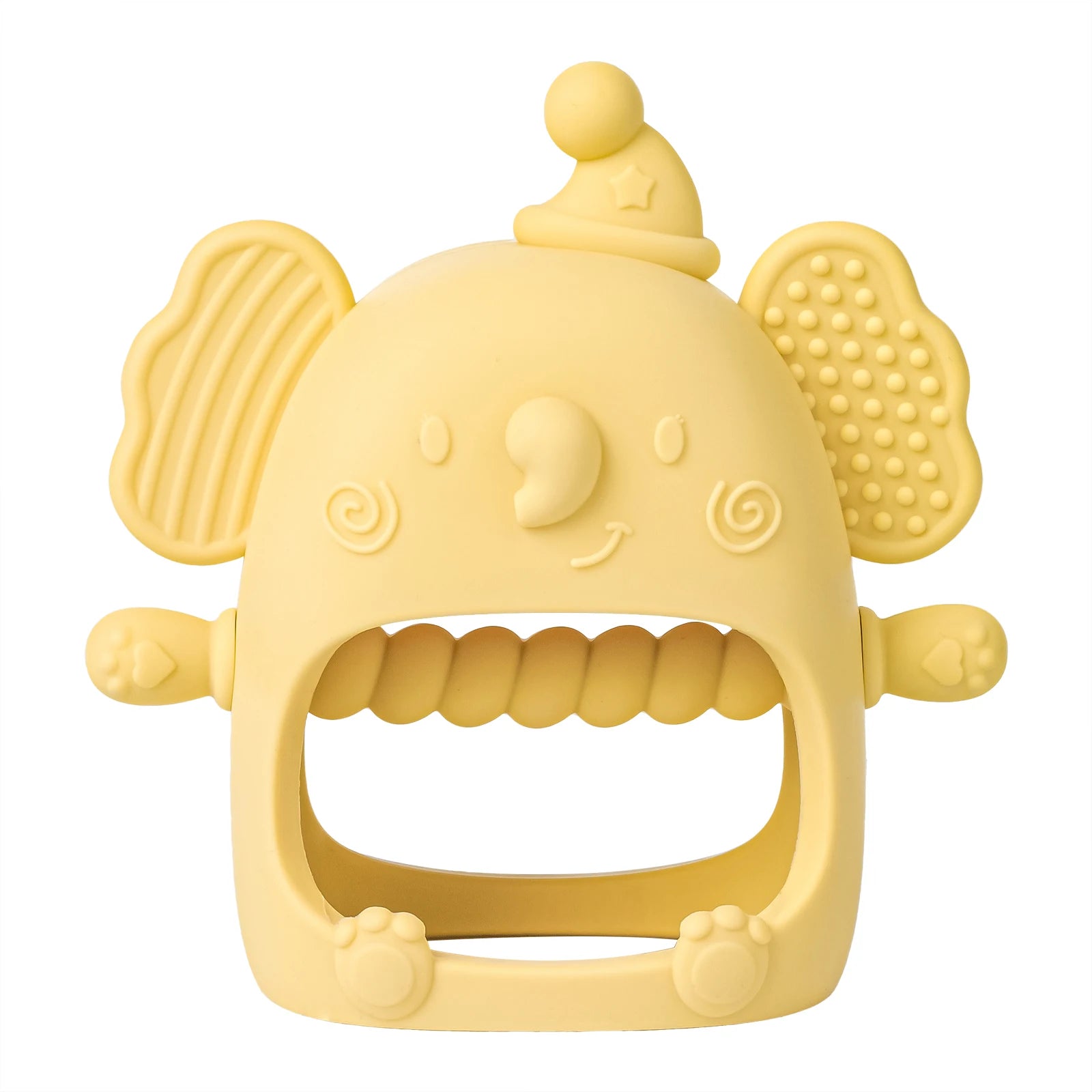 Yellow elephant-shaped teething toy on a white background
