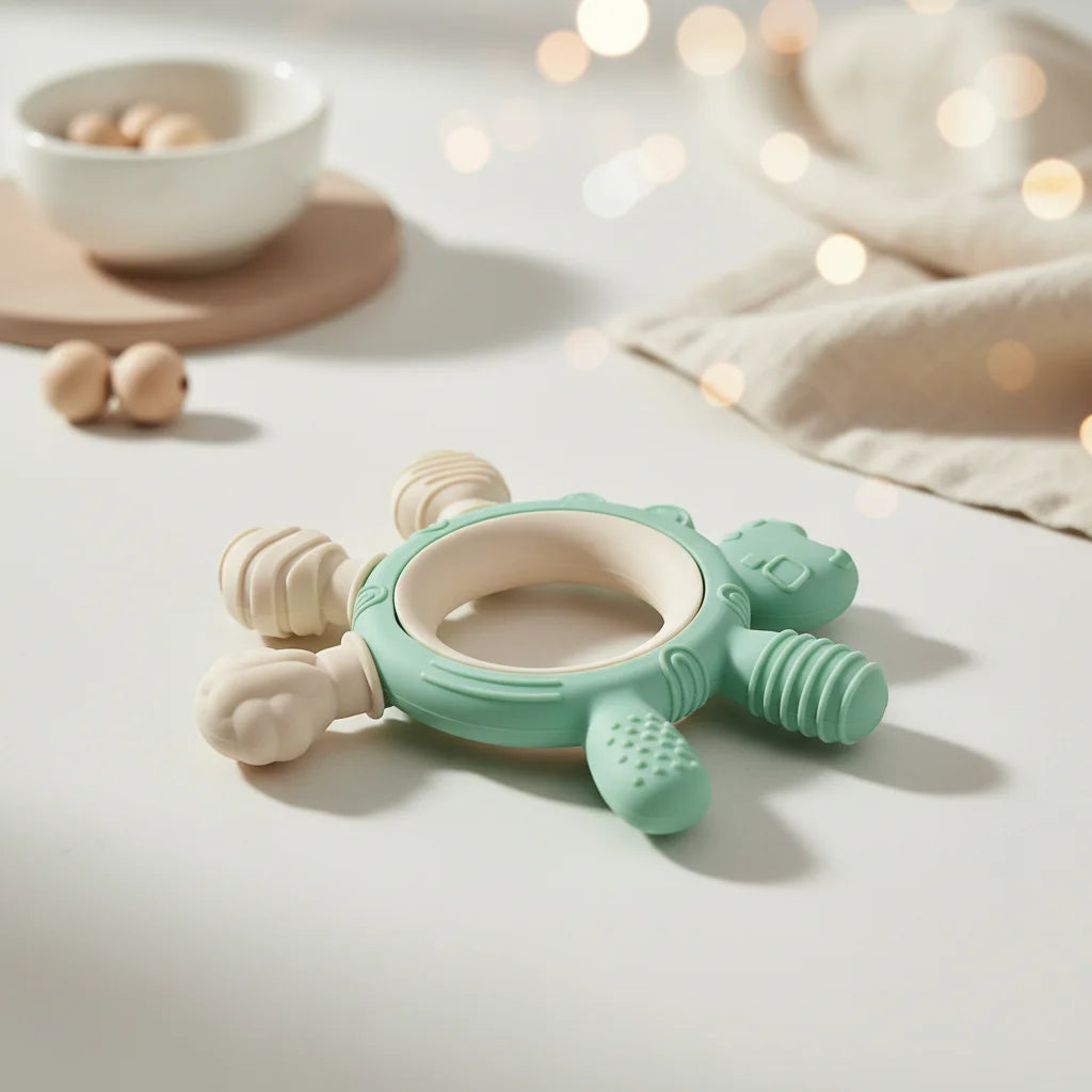 A mint green and cream baby teether toy with textured grips and a wooden ring, styled on a white surface with soft bokeh lights and nursery props in the background.