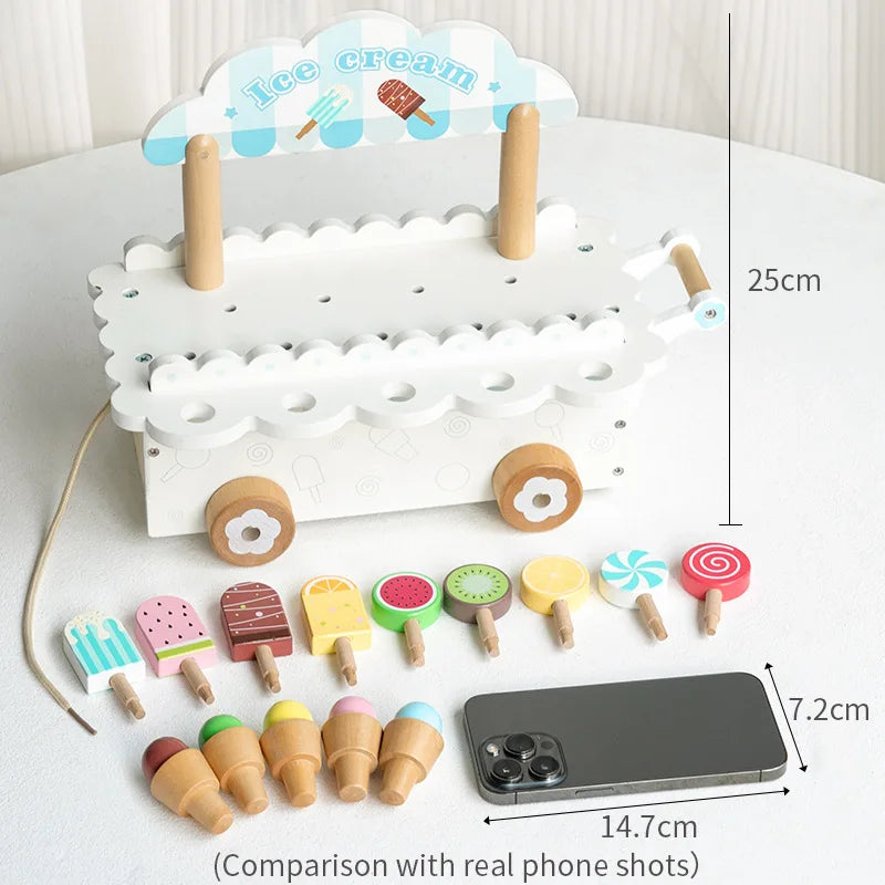 Wooden ice cream stand toy with various ice cream models and measurements shown.