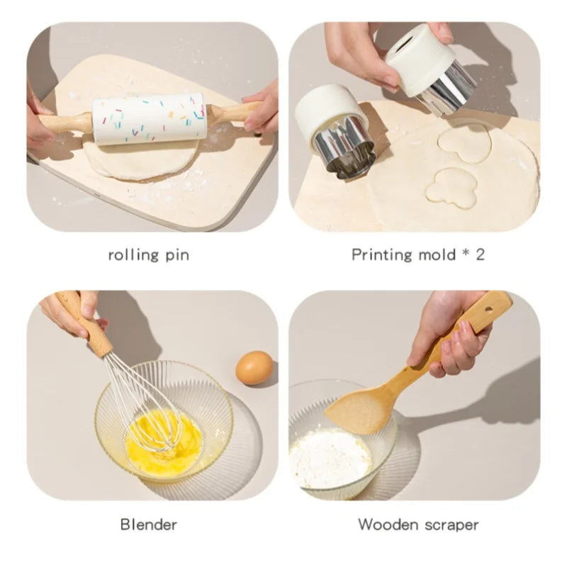 Set of kitchen utensils including a rolling pin, printing molds, a blender, and a wooden scraper on a neutral background.