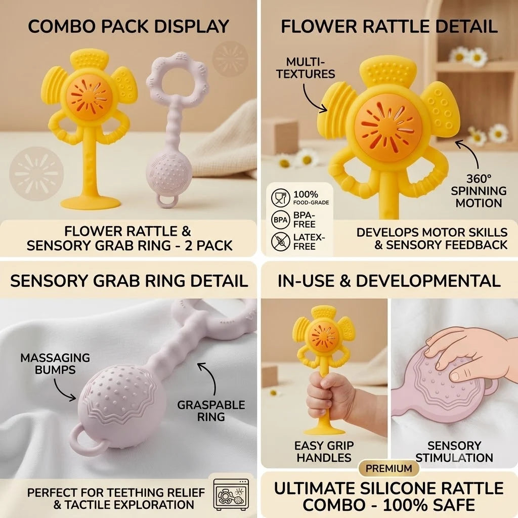 A 4-panel promotional collage for a flower-shaped silicone rattle and sensory grab ring combo pack. The top-left panel shows the two-piece set together under the heading 'COMBO PACK DISPLAY.
