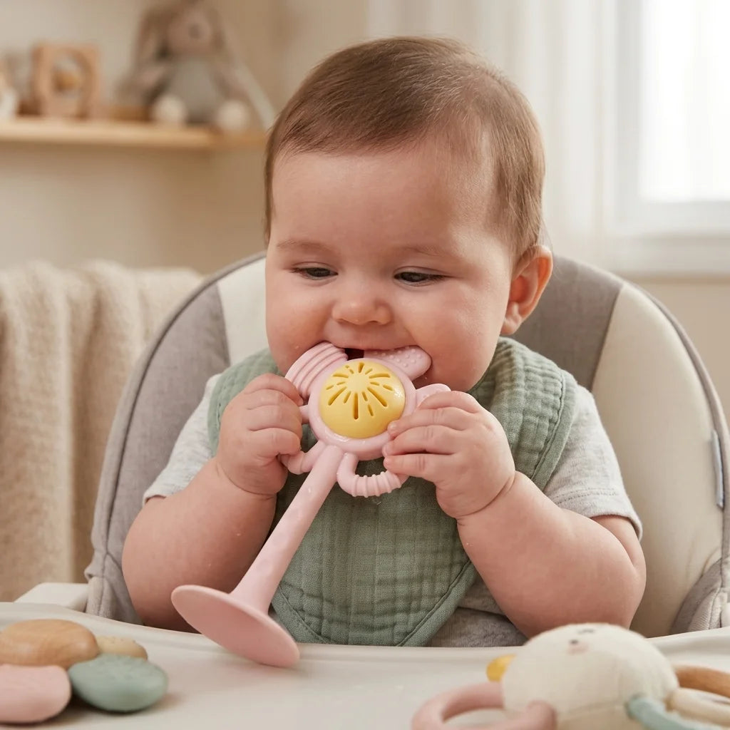 Baby sitting in a high chair with a teething toy, surrounded by colorful toys on a table.