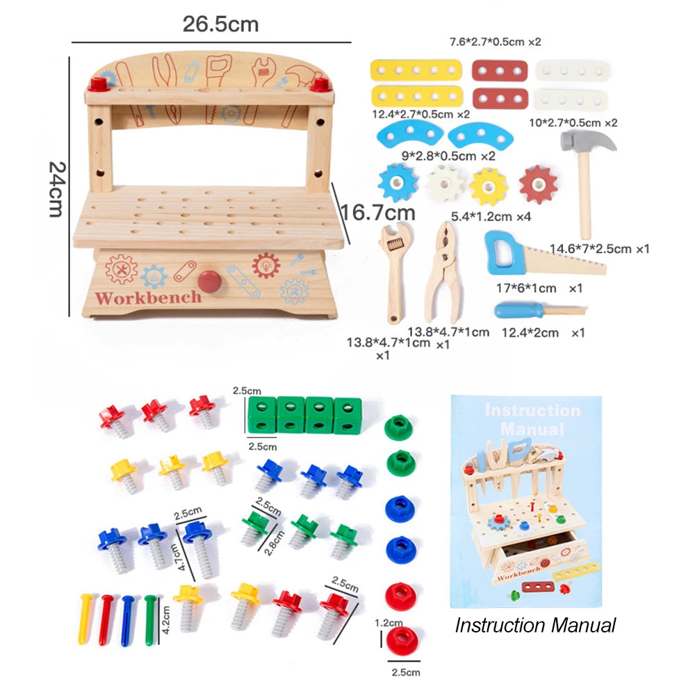 Wooden Tool Bench for Kids Pretend Play Construction Toy