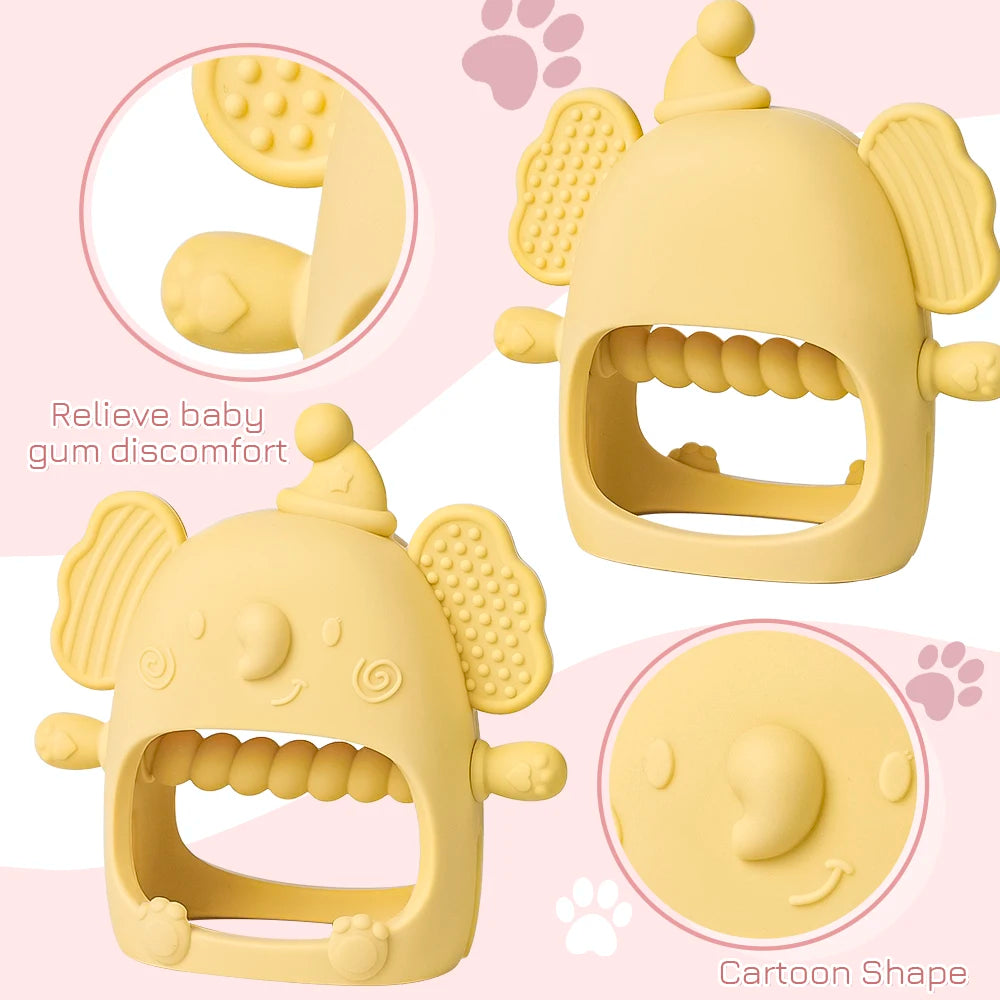 Yellow cartoon-shaped baby teether on a pink background with paw prints.