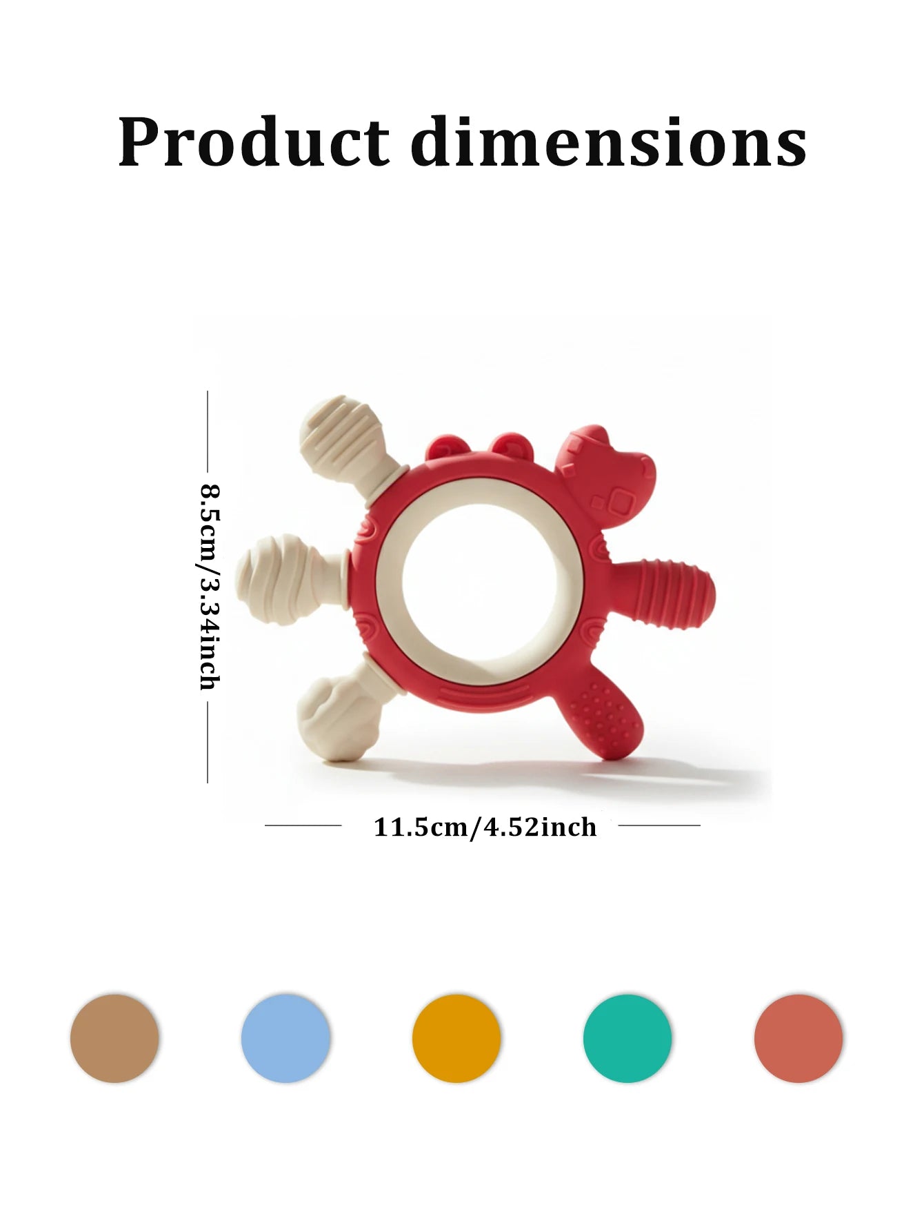Product dimensions graphic showing a red and off-white silicone baby teether with text indicating 11.5cm width and 8.
