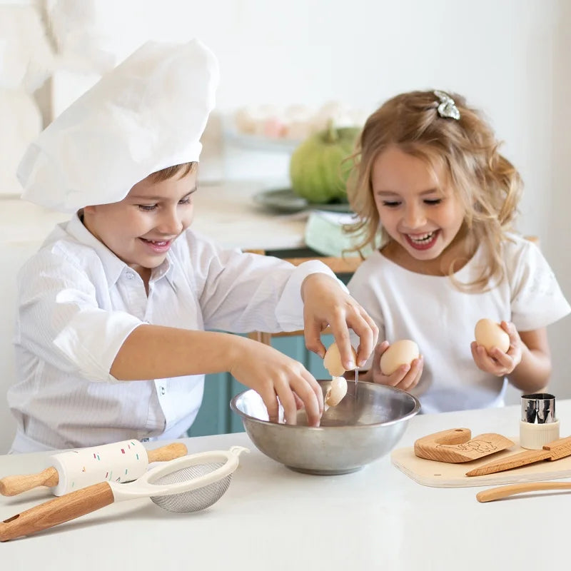 Two children in a kitchen setting, one cracking eggs into a bowl while the other watches.