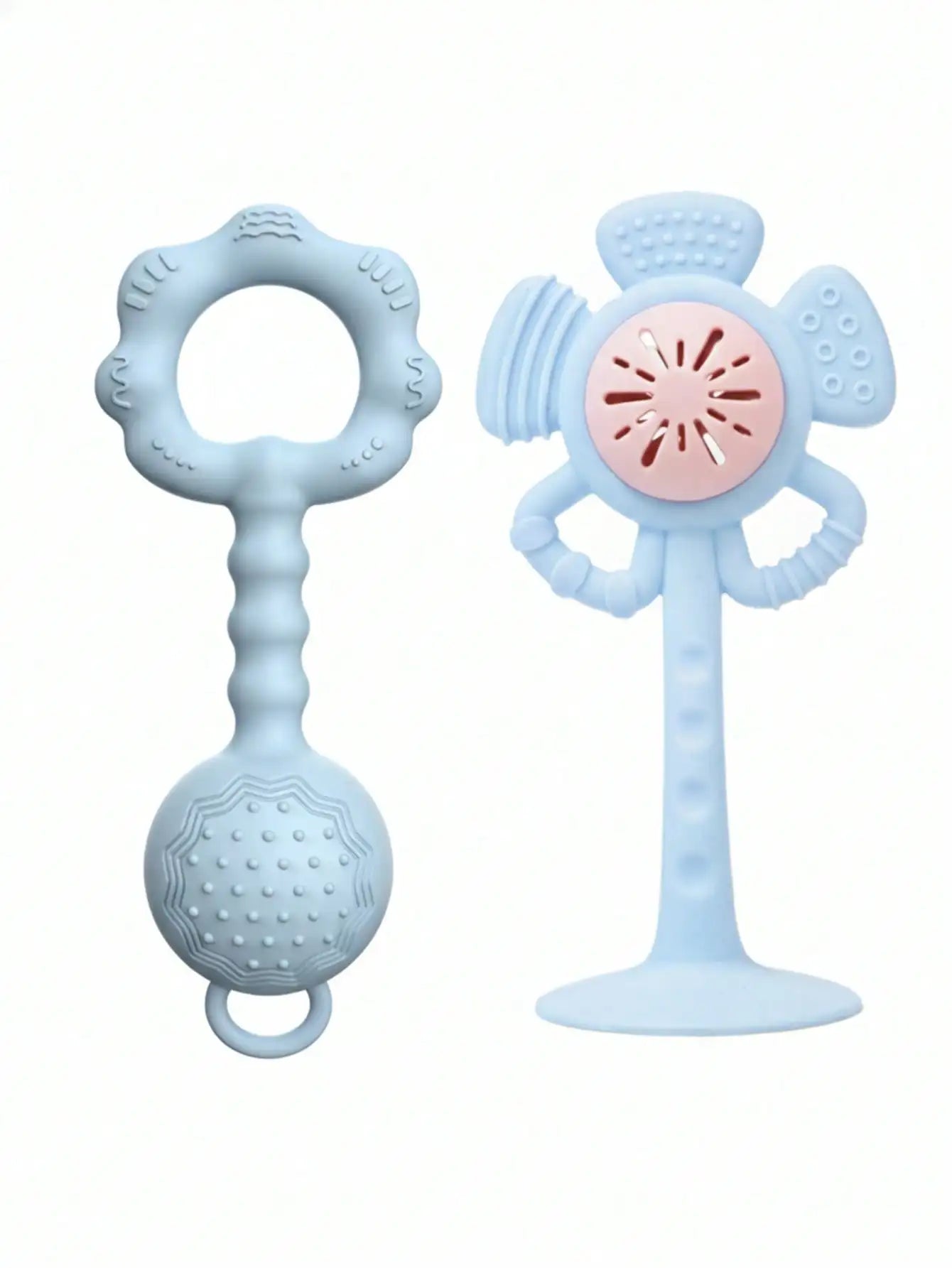Two light blue silicone baby teething toys on a plain white background. One is a rattle-style toy with a textured ring handle and ball at the bottom.