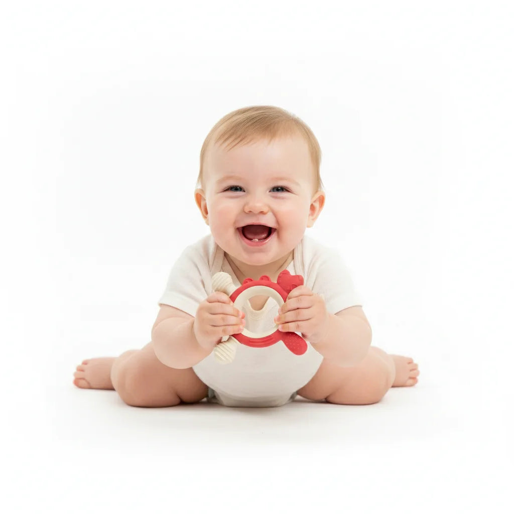 A smiling baby sitting on a white studio floor, holding a red and cream teething toy.