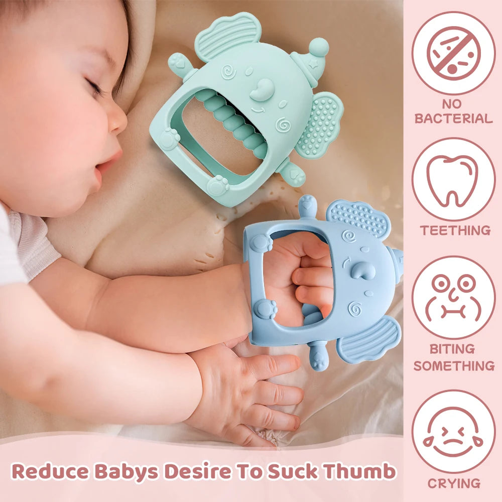 Baby holding a green teething toy with additional teething products and benefits displayed on the right.