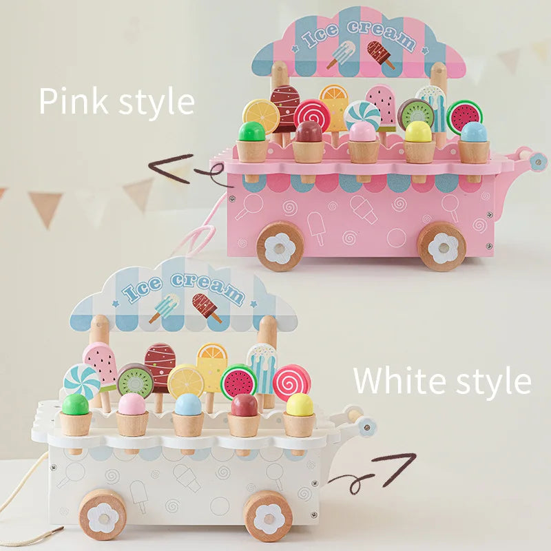 Two toy ice cream carts, one pink and one white, with colorful ice cream cones on a light gray background.