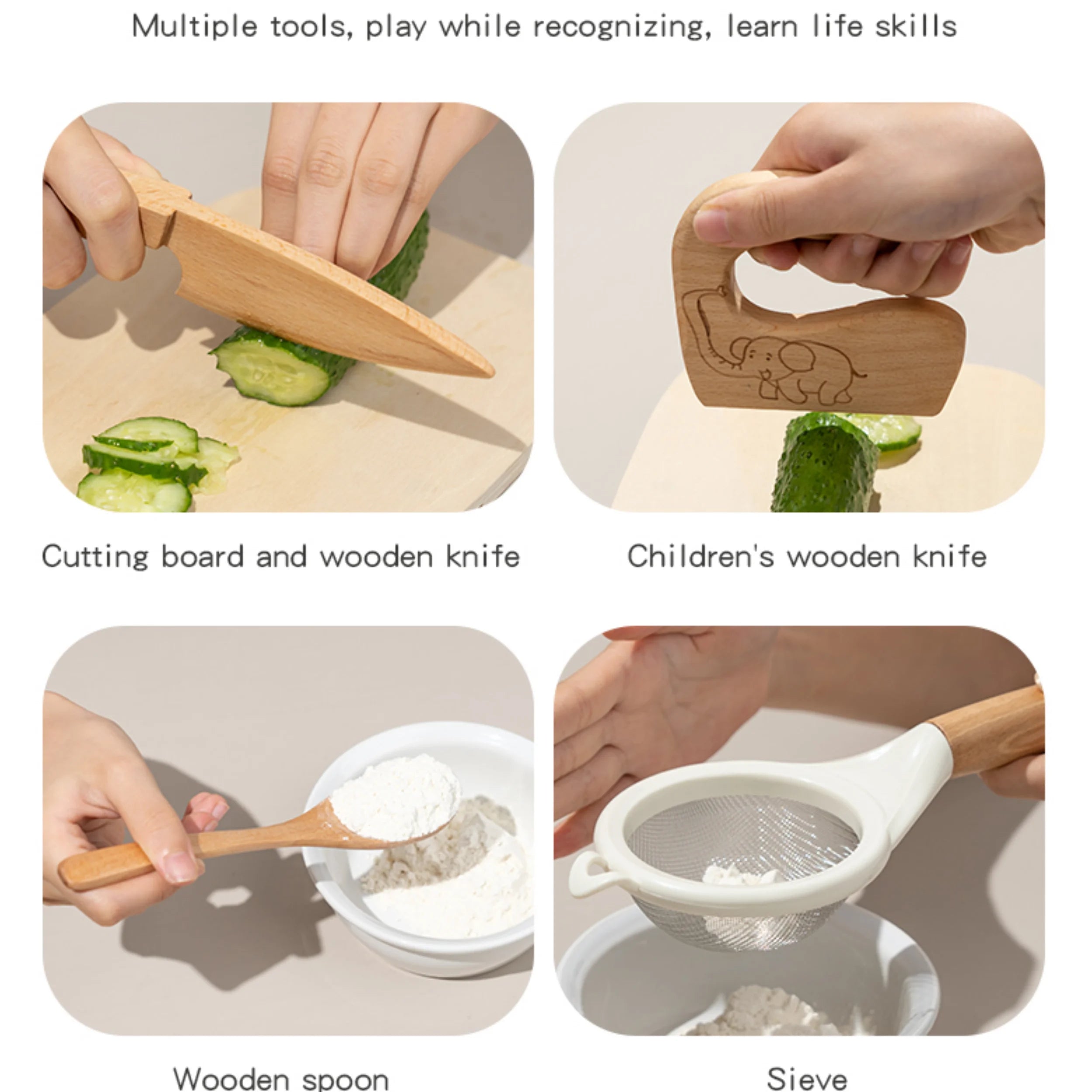 Set of children's kitchen tools including a cutting board, wooden knife, wooden spoon, and sieve.